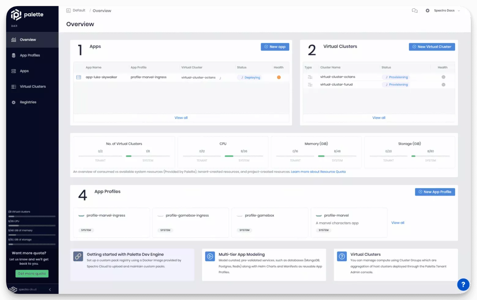 A view of the PDE dashboard with resources in use.